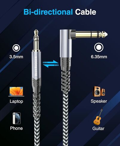 BlueRigger 3.5mm 90 Degree Stereo Audio Cable (10FT, L-Shaped Right Angle Jack, Auxiliary Cable, Male to Male, Hi-Fi Sound) – Aux Cord for Headphones, Car Stereo, Speaker, Phone, Tablet, Laptop in Kuwait