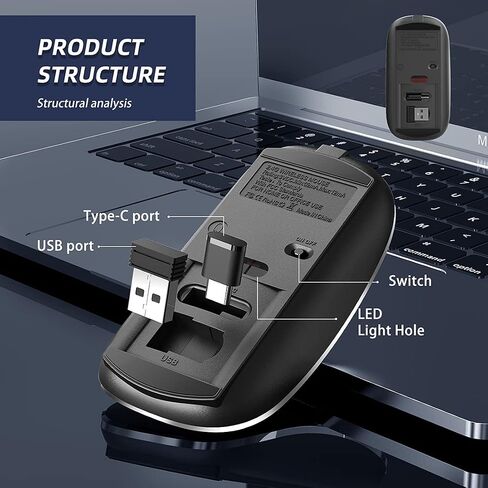 Rechargeable Bluetooth Mouse for MacBook, 6 Buttons, Comfortable to Hold, Quad-Mode(BT1/BT2/USB/TypeC), Silent Clicks, Portable Travel, USBC Wireless Mouse for Laptop PC Desktop Computer Tablet Phone in Saudi Arabia