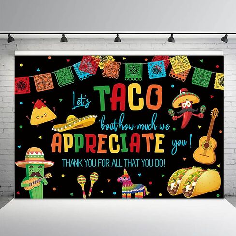 MEHOFOND 7x5ft Mexican Fiesta Backdrop Black Let's Taco Bout How Much We Apperciate You Thank You for All That You Do Background Banner Thanks for Teacher Doctor Employee Colored Party Decor Supplies in Kuwait