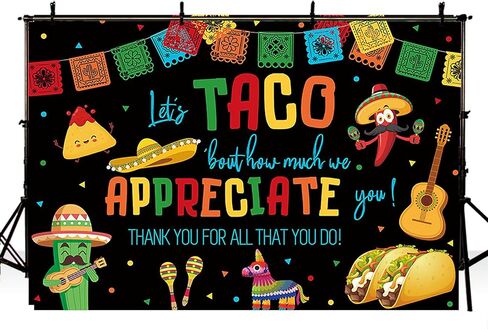 MEHOFOND 7x5ft Mexican Fiesta Backdrop Black Let's Taco Bout How Much We Apperciate You Thank You for All That You Do Background Banner Thanks for Teacher Doctor Employee Colored Party Decor Supplies in Kuwait