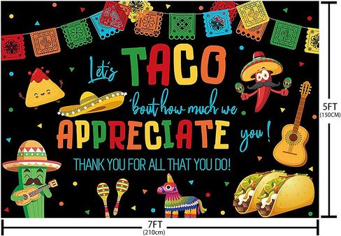 MEHOFOND 7x5ft Mexican Fiesta Backdrop Black Let's Taco Bout How Much We Apperciate You Thank You for All That You Do Background Banner Thanks for Teacher Doctor Employee Colored Party Decor Supplies in Kuwait