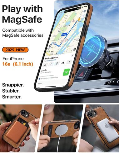 Magnetic for iPhone 16e Leather Case,Built-in Invisible Stand [Compatible with Magsafe] Protective Slim Kickstand Phone Cover Compatible with iPhone 16e (2025) 6.1" (Brown) in Kuwait