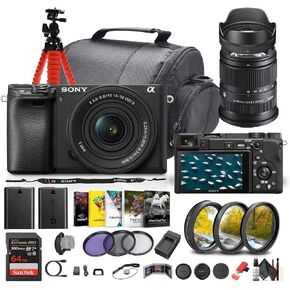 Sony a6400 Mirrorless Camera with 16-50mm f/3.5-5.6 II Lens (Black) (ILCE6400KB) + Sigma 18-50mm Lens + Photo Software + 64GB Memory Card + NP-FW50 Battery + Camera Bag + Charger + More