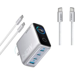 Anker Zolo USB C to USB C Cable, Braided and Dirt-Free Type C Fast Charging Cable, Slim Connector, for iPhone 16 Series, MacBook (240W) (White, 3ft)&140W USB-C Charger, Laptop Charger, 4-Port Mu