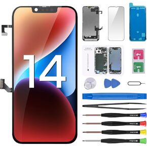 for iPhone 14 Screen Replacement with Earpiece Flex Cable Proximity Sensor LCD Touch Display Digitizer Full Assembly with Front Glass Repair Tools Kits A2649 A2881 A2882 A2883 A2884