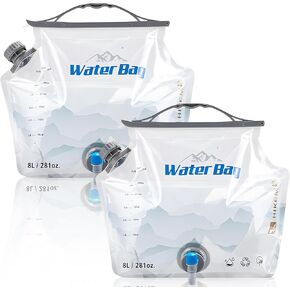 Collapsible Water Container with Faucet, 8L, BPA Free, 2-Pack, Food Grade Storage Bags for Camping