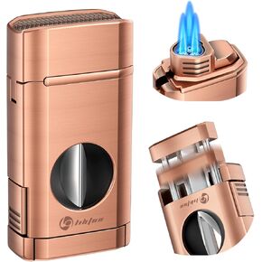 Multi-Function Cigar Torch Lighter - Built-in Cigar Holder & One-Touch Cutter, Triple Jet Flame Butane Lighter (Gray)