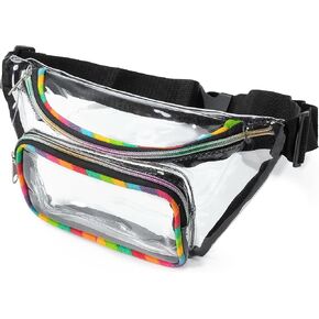 Clear Waist Bag for Stadium Events, Concerts, Festivals, Stadium Approved, Size 11"L x 2.5"W x 5.5"H, Rainbow Cotton Canvas, Colorful Zippers, Adjustable Straps, 2 Compartments, Thick Durable Strap