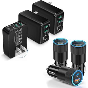 3-Pack USB C Fast Charger Block 40W 4-Port Flat USB C Wall Charger + 3-Pack 38W Dual Port PD + QC 3.0 USB C Car Charger