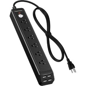 قطاع الطاقة ، Superdanny 6 Outlets 4 منافذ USB الحامي ، قابلة للتركيب على الحائط ، سلك تمديد 5 أقدام مع Hook & Loop Fortener ، محطة شحن لـ iPhone iPad PC Dorm Dorm Dorm ، Black