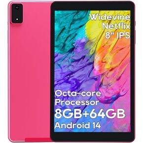 8 inch Tablet, Metal Body Octa-Core Processor Andriod 14 Tablet , 8(3+5)GB RAM, 4000mAh Battery, 64GB Storage, 6 FT Charging Cable, Reinforced Typc-C Port, 10W Charging Adapter, Dual-speakers, Pink