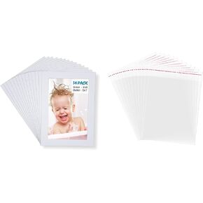 Egofine 5x7 White Picture Mats Pack of 14 / Clear Resealable Cellophane Bags for Photo Prints Framing Mats Mattes 100 PCS