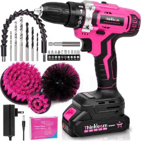 Pink Cordless Drill Set, 20V Lithium-ion Power Drill Set for Women with 67Pcs Drill Driver Bits, 3/8"Keyless Chuck, 25+1 Position Electric Drill, 2.0Ah Battery, Fast Charger and Storage Bag Included