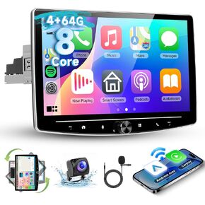 [4G+64G] Android 10.1 Inch Car Stereo Single Din Wireless CarPlay/Android Auto, Hodozzy 360° Adjustable 10.1 Inch Touch Screen Car Radio with Bluetooth Mirror Link GPS WiFi FM RDS DAB SWC + Camera