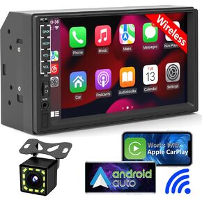 Wireless Double Din Car Stereo Apple Carplay Radio 7" IPS Screen for Car Audio Receivers, Bluetooth 5.1 Car Play Android Auto Touchscreen,Backup Camera, SWC, FM/AM