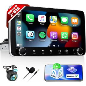 Single Din Car Radio Stereo,10.36 Inch Touchscreen 1 din Radio with Wireless Carplay Android Auto 2G+64G Single Car Stereo Mirror Link WiFi GPS Navigation Bluetooth FM/RDS+Backup Camera