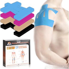 Kinesiology Tape for Shoulder Precut, 12 PCS Shoulder Tape for Pain Relief, KTQUICK Original Cotton Waterproof & Breathable, Enhance Elastic Sports Tape for Pain Support and Muscle Sports, Black