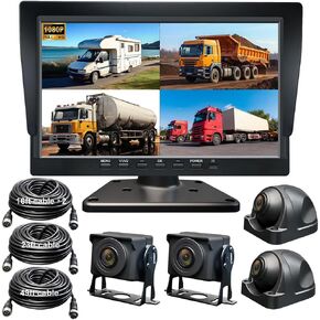 4 Channel Backup Camera Wired System: 10'' 1080P 360° View Recording Quad Split Screen IPS Monitor, IP68 Waterproof IR Night Vision 4 Cameras for Semi Truck RV Trailer Bus Tractor Truck Furrion