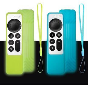 2 Pack for Apple TV Siri Remote Cover 2021 2022 - Lightweight Anti Slip Shockproof Silicone Cover for Apple TV 4K / HD Siri Remote Controller (2nd Gen / 3rd Gen) (Glow Green + Glow Blue)