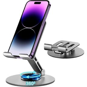 Desktop Phone Holder, Metal Cell Phone Stand for Desk, Fully Adjustable/Foldable/360 Degree Rotating Phone Cradle Dock for iPhone iPad and More Cellphone/Tablet/Switch-Silver Grey