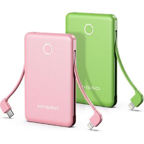 miisso 2-Pack 6000mah Card Size Ultra Slim Built in Cables Power Bank, Built in USB C Cords Battery Pack Portable Charger for Phones, Compatible with iPhone, Pink & Green