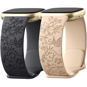 Getino Engraved Band Compatible with Fitbit Versa 4 Bands for Woman/Versa 3 Bands & Fitbit Sense 2 Bands/Sense Bands Women, Soft Floral Pattern Sport Accessories for Sense/Sense 2/Versa 4/3 SmartWatch