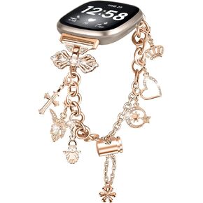 FitTurn Bling Band Compatible with Fitbit Versa 4/Versa 3/Sense 2/Sense Band Stainless Steel Diamond Bracelet with Bow Connector Interchangeable Charm