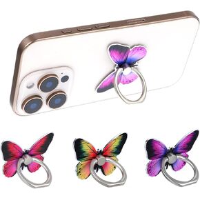 3Pcs Butterfly Phone Ring Holder Colored Butterfly Shaped Cell Phone Grip Metal Cellphone Finger Holder for Girls Women Compatible with Cellphone Case 360°Rotation
