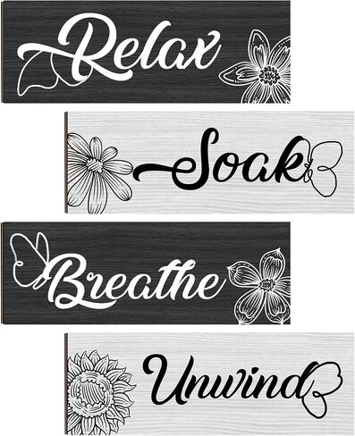 Tarklanda Wooden Bathroom Signage, 4 Pieces Decorative Wall Art, Soak Relax Unwind Breathe, Rustic Home Bathroom Decor, 25 x 9 cm/ 9.8 x 3.5 inches, Black in Saudi Arabia