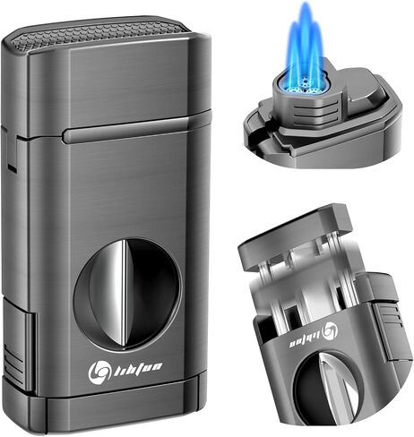 Multi-Function Cigar Torch Lighter - Built-in Cigar Holder & One-Touch Cutter, Triple Jet Flame Butane Lighter (Gray) in Saudi Arabia