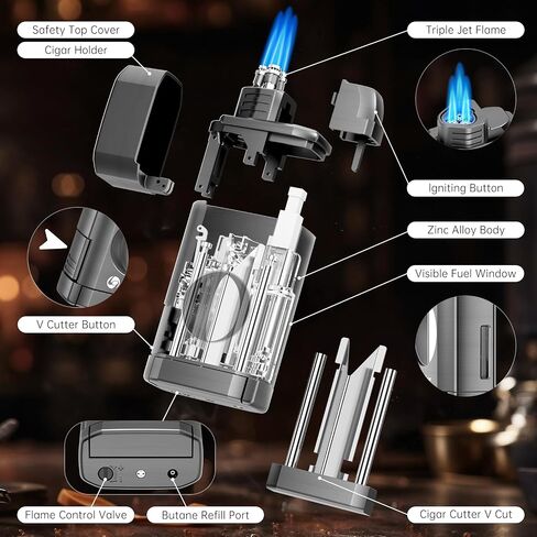 Multi-Function Cigar Torch Lighter - Built-in Cigar Holder & One-Touch Cutter, Triple Jet Flame Butane Lighter (Gray) in Saudi Arabia