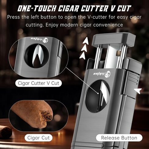 Multi-Function Cigar Torch Lighter - Built-in Cigar Holder & One-Touch Cutter, Triple Jet Flame Butane Lighter (Gray) in Saudi Arabia