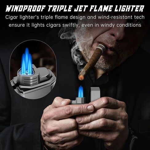 Multi-Function Cigar Torch Lighter - Built-in Cigar Holder & One-Touch Cutter, Triple Jet Flame Butane Lighter (Gray) in Saudi Arabia