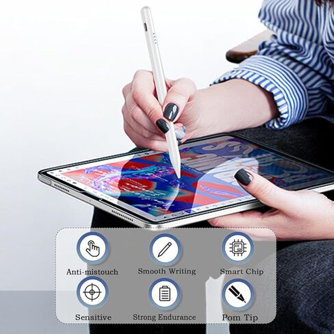 قلم شاشة نشط للرسم والكتابة على شاشة اللمس، قلم iPad عالي الحساسية قابل لإعادة الشحن مع طرف رفيع 1.45 مم، قلم شاشة لجهاز iPad/iPad Pro/Mini/Android/الهواتف الذكية/الأجهزة اللوحية/الكمبيوتر المحمول/iPhone/iOS in Saudi Arabia
