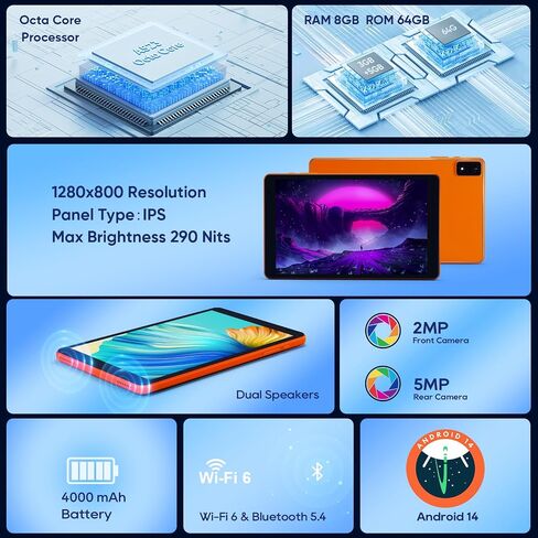 تابلت 8 بوصة، هيكل معدني معالج ثماني النواة Andriod 14 Tablet، ذاكرة وصول عشوائي 8(3+5) جيجابايت، بطارية 4000 مللي أمبير في الساعة، تخزين 64 جيجابايت، كابل شحن 6 أقدام، منفذ Typc-C معزز، محول شحن 10 وات، مكبرات صوت مزدوجة، وردي in Saudi Arabia
