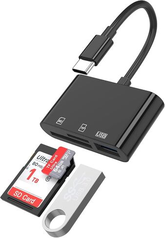 قارئ بطاقة SD USB-C مع USB 3.0 ومنفذ شحن، محول قارئ بطاقة ذاكرة عالي السرعة 5 جيجابت في الثانية لبطاقة SD/Micro SD، متوافق مع iPhone 15 وiPad Pro وMacBook وWindows وUSB C جهاز Android (أسود) in Saudi Arabia