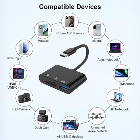 قارئ بطاقة SD USB-C مع USB 3.0 ومنفذ شحن، محول قارئ بطاقة ذاكرة عالي السرعة 5 جيجابت في الثانية لبطاقة SD/Micro SD، متوافق مع iPhone 15 وiPad Pro وMacBook وWindows وUSB C جهاز Android (أسود) in Saudi Arabia