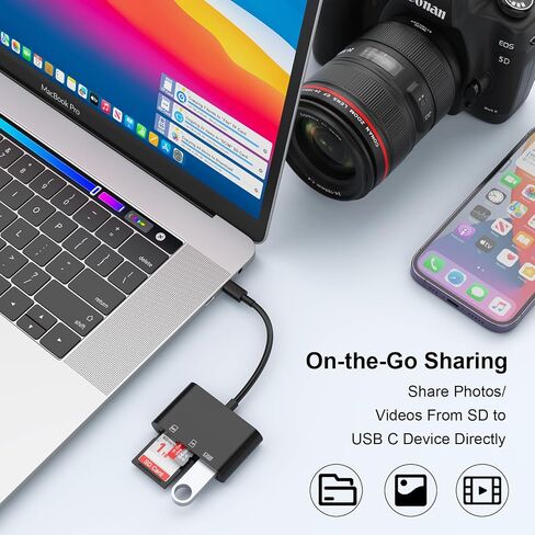 قارئ بطاقة SD USB-C مع USB 3.0 ومنفذ شحن، محول قارئ بطاقة ذاكرة عالي السرعة 5 جيجابت في الثانية لبطاقة SD/Micro SD، متوافق مع iPhone 15 وiPad Pro وMacBook وWindows وUSB C جهاز Android (أسود) in Saudi Arabia