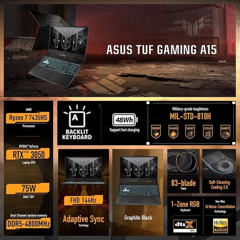 ASUS TUF A15 15.6" FHD Gaming Laptop, AMD Ryzen 7 7435HS Processor, NVIDIA GeForce RTX 3050 Graphics, 32GB DDR5 RAM 1TB PCIe SSD, Wi-Fi 6, RGB Backlit Keyboard, Windows 11 Home, Black in Saudi Arabia