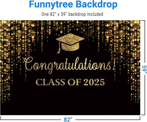 Funnytree 96" x 72" Graduation Party Backdrop Class of 2024 Black and Golden Glitter Bokeh Spot Photography Background Congrats Grad Prom Gold Dots Decor Photo Studio Booth Prop Cake Table Banner in Kuwait