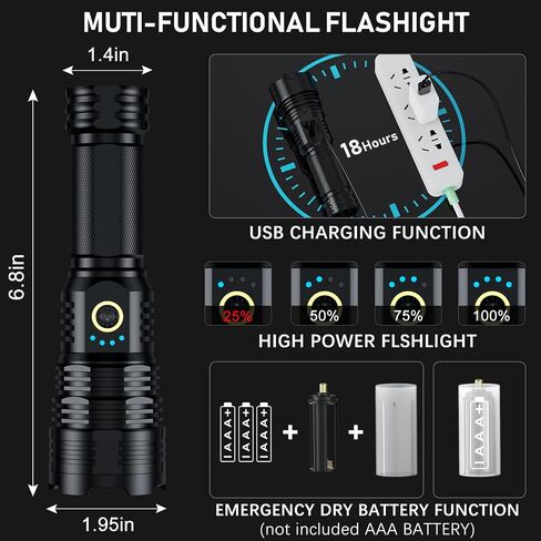 Alifa Rechargeable Flashlights High Lumens, 1000000LM Powerful Tactical Flashlights, 5 Modes LED Flashlight Adjustable, Brightest Flashlight Waterproof, Handheld Flash Light for Emergencies, Camping. in Saudi Arabia