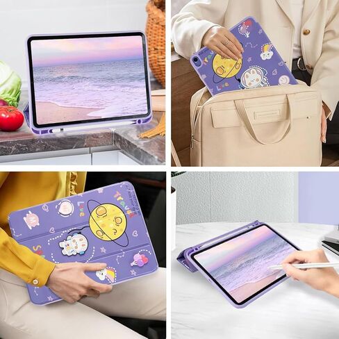 Case for iPad Air 11 Inch Case M2(2024), White Cartoon Slim Trifold Stand Case, Soft TPU Fram, Pencil Holder and Auto Sleep/Wake Cover for iPad Air 6th/5th/4th Generation in Kuwait