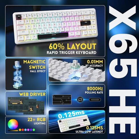 ATTACK SHARK X65 HE 60% Wired Magnetic Keyboard with Adjustable Actuation,8000 Hz Polling Rate,Hall Effect Switches,Hot-Swap,Topographic PBT Keycaps,RGB Backlit for FPS Games,with 8K Coiled Cable in Saudi Arabia