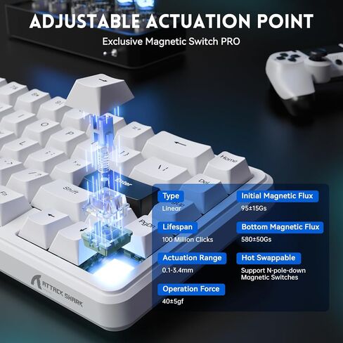 ATTACK SHARK X65 HE 60% Wired Magnetic Keyboard with Adjustable Actuation,8000 Hz Polling Rate,Hall Effect Switches,Hot-Swap,Topographic PBT Keycaps,RGB Backlit for FPS Games,with 8K Coiled Cable in Saudi Arabia