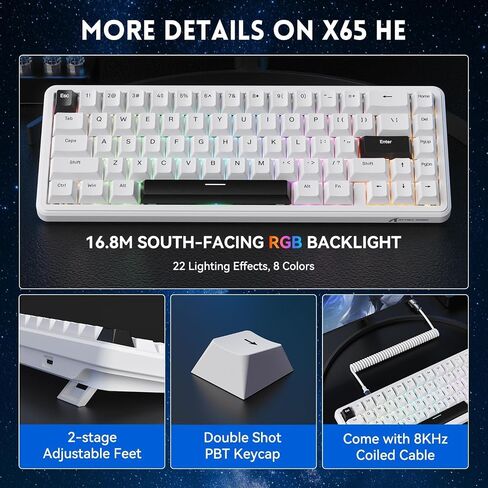 ATTACK SHARK X65 HE 60% Wired Magnetic Keyboard with Adjustable Actuation,8000 Hz Polling Rate,Hall Effect Switches,Hot-Swap,Topographic PBT Keycaps,RGB Backlit for FPS Games,with 8K Coiled Cable in Saudi Arabia