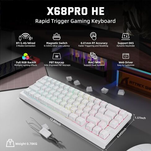 الهجوم Shark X68 Pro He Wireless Rapid Trigger Gaming Keyboard مع تشغيل قابلة للتعديل ، ومعدل الاقتراع 8K ، والمفتاح المغناطيسي للمخلف in Kuwait