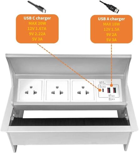طاولة مؤتمر Zeshan Power Power Hub منبثقة سطح المكتب مع 3 مقابس أمريكية وشاحن USB C السريع لشاحن المنضدة المنزلية ، سلك الطاقة 1.8 متر للمكتب والفضة in Saudi Arabia