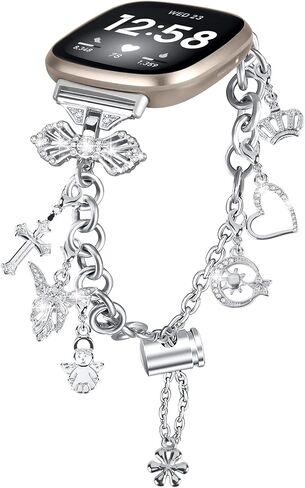 FitTurn Bling Band Compatible with Fitbit Versa 4/Versa 3/Sense 2/Sense Band Stainless Steel Diamond Bracelet with Bow Connector Interchangeable Charm in Saudi Arabia