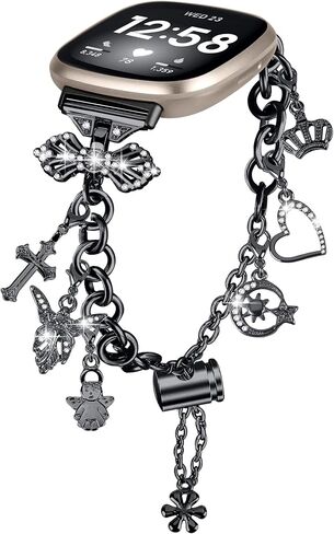 FitTurn Bling Band Compatible with Fitbit Versa 4/Versa 3/Sense 2/Sense Band Stainless Steel Diamond Bracelet with Bow Connector Interchangeable Charm in Saudi Arabia