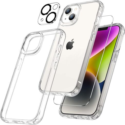 Maxdara [3 in 1 for iPhone 14 Clear Case, iPhone 14 Case with Tempered Glass Screen Protector and Camera Lens Protector Drop Protection Case for iPhone 14 6.1 Inch(Transparent+Clear) in Kuwait